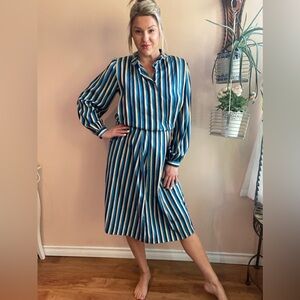 Vintage 1980s Shiny Blue & White Striped 'Rouie' Midi Shirtdress Size 12